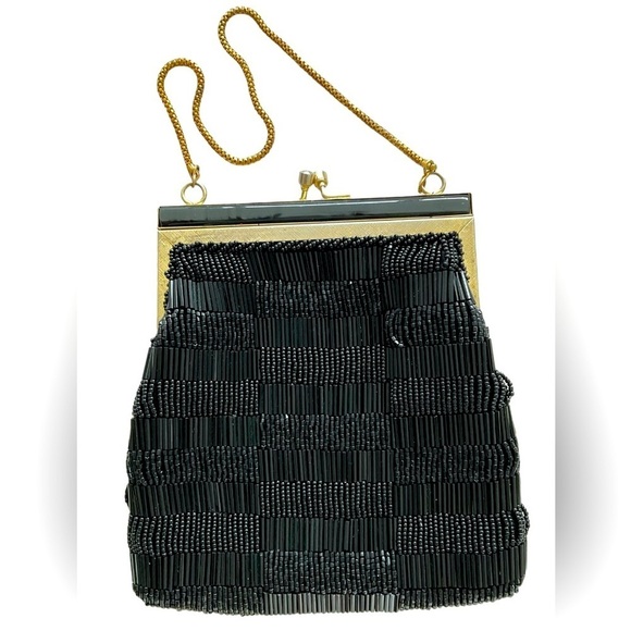 Vintage Beaded Black Purse Metal Mother Pearl Frame Gold Snake Chain Flapper - Picture 1 of 4